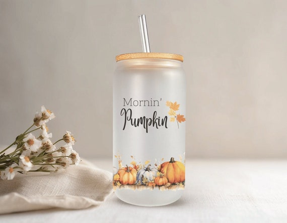 Pumpkins 16 oz Glass Cup with Bamboo Lid