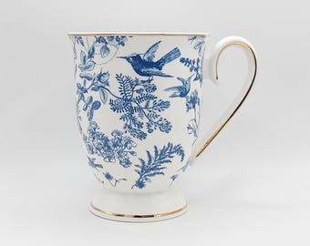 Taza de café y té con diseño de jardín y pájaros de primavera azul, 10 oz, porcelana fina, delicada vajilla floral de Grace Teaware