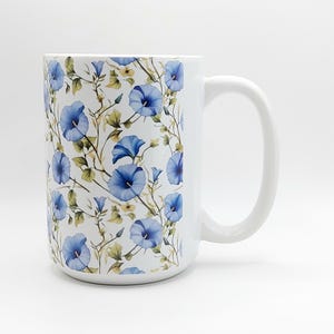 Blue Morning Glory Garden Coffee Tea Mug Cup 15 Oz Ceramic White, Gift for her, Blue Flowers Jug, Delicate Garden Cup by Mugzan