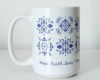 Blaue Ornamente Fliesen Stil Kaffee Tee Tasse Tasse 15 Unzen Keramik Weiß von Mugzan NEU