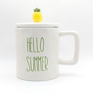 HELLO SUMMER Coffee Tea Mug Cup With Cap 14 Oz Ceramic, Sculpted Pineapple Cap, Summer Vibes Gift by B Harbor