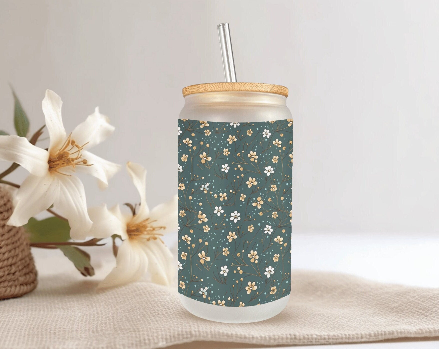 Cottagecore Flowers Frosted Glass Can W/ Bamboo Lid 16 Oz Glass Cup by  Mugzan