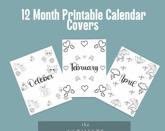 12 Monthly Cover Pages A5 Journal Monthly Title Page Template Monthly Planner Cover Page Printable Cover Page 12 Month Title Pages Coloring