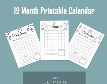 12 か月カレンダー ページ - A5 ジャーナル月間カレンダー テンプレート - 月間プランナー - 印刷可能なカレンダー - 印刷可能なプランナー ページ