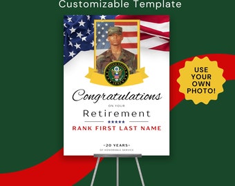 Army Retirement Ceremony Party Sign Template with Photo for 18x24 inch Sign Army Marine Navy Air Force Coast Guard National Guard Retirement