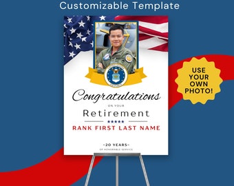 Air Force Retirement Ceremony Party Sign Template with Photo 18x24 inch Army Marine Corps Navy Coast Guard National Guard Retirement