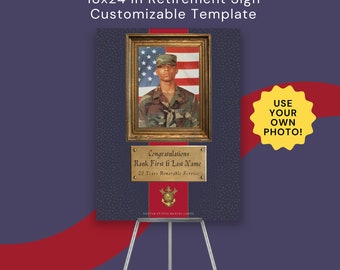 Marine Corps Retirement Ceremony Party Sign Template with Photo 18x24 inch Army Air Froce Navy Dark Blue and Gold