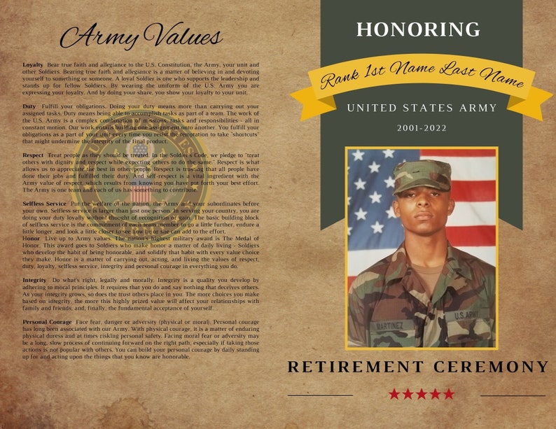Army Retirement Ceremony Program With Unit Patch Army Values Military