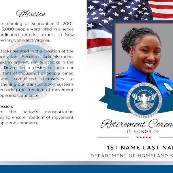 Transportation Security Administration Retirement Ceremony Program Canva Template, TSA, Homeland Security, Retirement Party Celebration