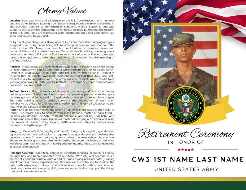 Army Retirement Ceremony Program Canva Template Army Values Bi-Fold 8.5x11 in Military Retirement Army Retirement Party National Guard image 5