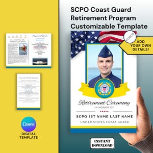Puede incluir: Una plantilla personalizable del programa de jubilación para un miembro de la Guardia Costera SCPO. El diseño incluye una foto, la bandera estadounidense y el texto "Retirement Ceremony" y "Instant Download".