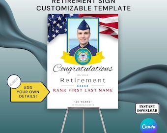 Coast Guard Retirement Sign Template 18x24 inch with Photo Party or Ceremony, Coastie Officer, SNCO, NCO