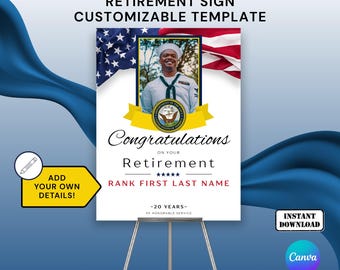 Navy Retirement Sign Template 18x24 inch with Photo Naval Officer, NCO, SNCO Retirement Ceremony or Party