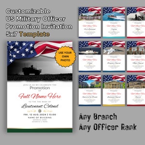 Amerikaanse militaire officier promotie ceremonie uitnodiging sjabloon 5 x 7" elke tak | luchtmacht, leger, mariniers, marine, kustwacht, ruimtemacht