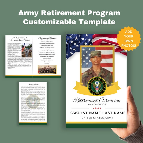 Army Retirement Ceremony Program Canva Template Army Values Bi-Fold 8.5x11 in Military Retirement Army Retirement Party National Guard