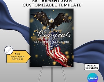 Eagle American Flag Military Retirement Party Sign Canva Template for 18x24 in Army, Marines, Navy, Air Force, National Guard, Coast Guard