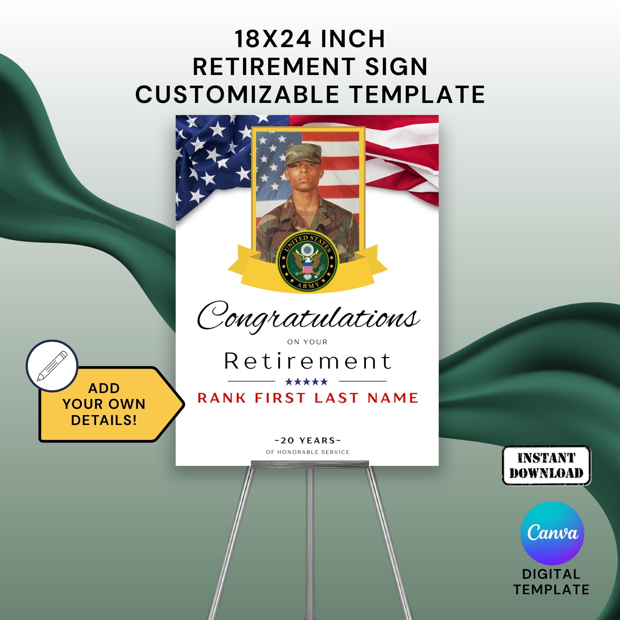 Army Retirement Sign Template with Photo for Party or Ceremony Army, National Guard, Officer, NCO, SNCO