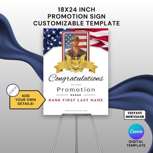 US Military Promotion Sign Template 18x24 inch with Photo Retirement Party Army, Navy, Air Force, Marine Corps, Coast Guard, Space Force