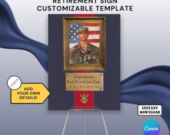 Marine Corps Retirement Sign Template 18x24 inch with Photo Dark Blue and Gold Marine Officer, SNCO, NCO, Corpsman