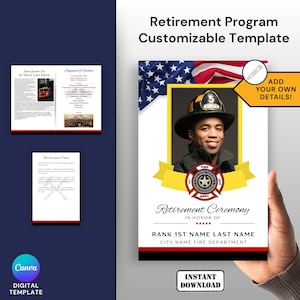 Firefighter Retirement Ceremony Program Canva Template Fireman First Responder Retirement Party Celebration Police Department Paramedic