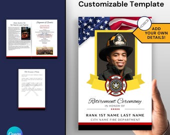 Firefighter Retirement Ceremony Program Canva Template Fireman First Responder Retirement Party Celebration Police Department Paramedic