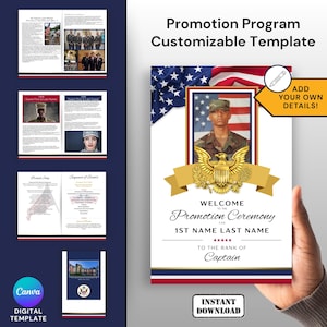 May include: A customizable promotion program template with an American flag background. The design includes a photo frame, a golden eagle emblem, and the text "Welcome to the Promotion Ceremony for 1st Name Last Name". The template is available for instant download.