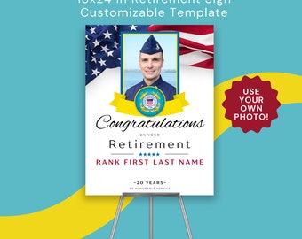 Coast Guard Retirement Ceremony Party Sign Template with Photo 18x24 inch Army Air Force Marine Corps Navy National Guard Retirement