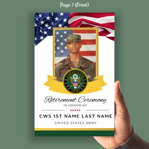 May include: A retirement ceremony announcement featuring a portrait of a soldier in uniform, with the American flag in the background. The text reads "Retirement Ceremony" and includes the soldier's rank, name, and "United States Army."
