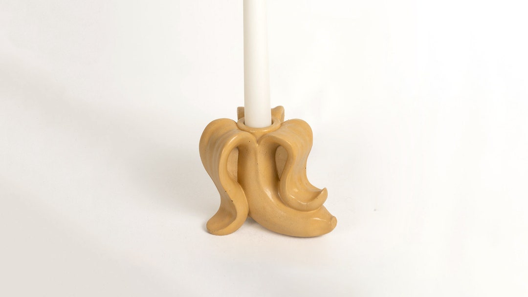 Banana Shaped Taper Candle Holder, Handmade Concrete Candlestick Holder, Pastel Color Home Decor