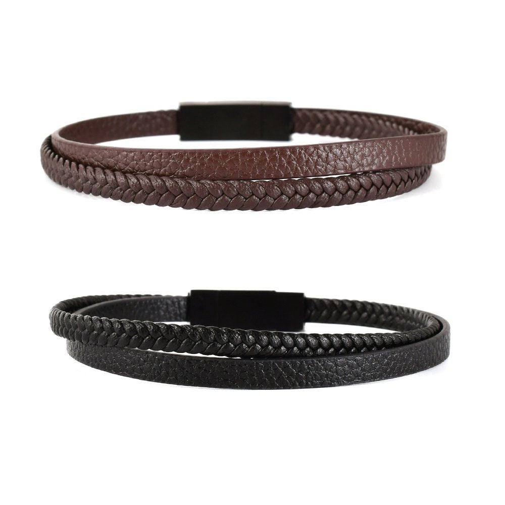 BOSS - Braided-leather cuff with monogrammed magnetic closure