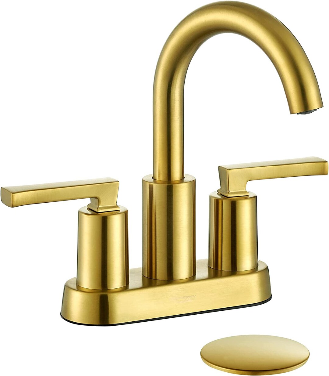 Brushed Gold 4 inch High-Arc 2-Handle Bath Vanity Sink Faucet Tap for 3-Holes 4-in Center Set 360 Degree Swivel Spout Match Pop Up Drain