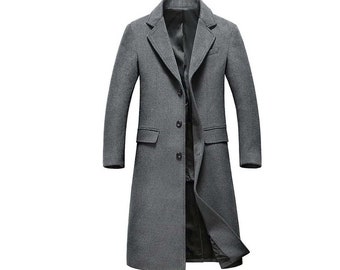Cappotto lungo invernale da uomo in lana Melton grigia