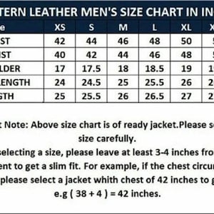 May include: A size chart for men's leather jackets in inches. The chart shows measurements for chest, waist, shoulder, sleeve length, and length in sizes XS to XXXL.