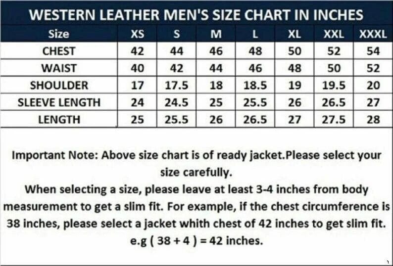 May include: A size chart for men's leather jackets in inches. The chart shows measurements for chest, waist, shoulder, sleeve length, and length in sizes XS to XXXL.
