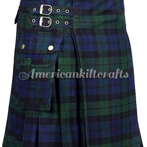 May include: A blue and green kilt with a large cargo pocket and a buckle closure. The kilt has a plaid pattern and is made of a woven fabric.
