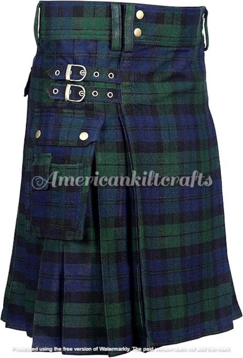 May include: A blue and green kilt with a large cargo pocket and a buckle closure. The kilt has a plaid pattern and is made of a woven fabric.
