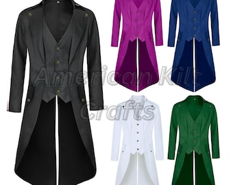 May include: A collection of six tailcoats in various colors: black, purple, blue, white, and green. Each coat features a vest-like front, button closures, and a split tail design. The coats are displayed on a white background.