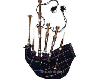 Great Scottish Highland Bagpipes with Silver Mounts | Brown finish Rosewood Bagpipe with carrying Bag | Various Tartans Bagpipes with tutor
