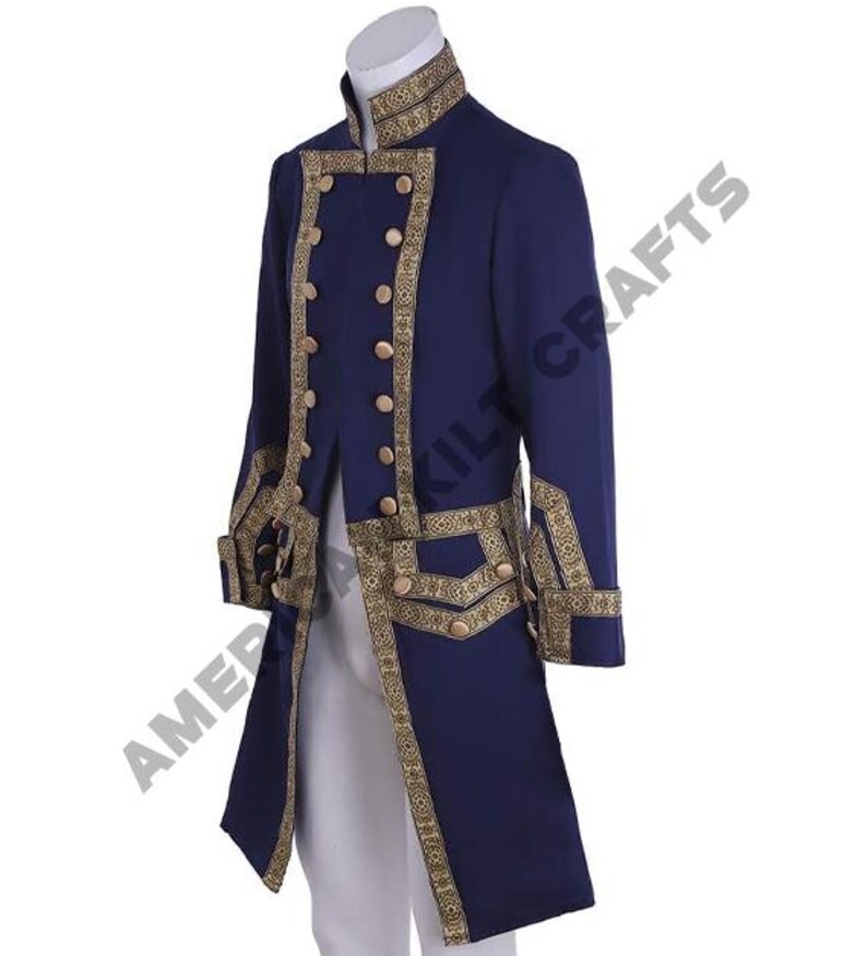 May include: A navy blue coat with gold trim and buttons. The coat has a high collar and a long, flowing tail. The coat is decorated with intricate gold embroidery.