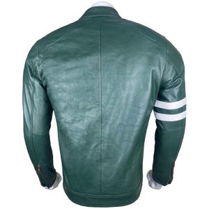 May include: A dark green leather jacket with white stripes on the sleeves.