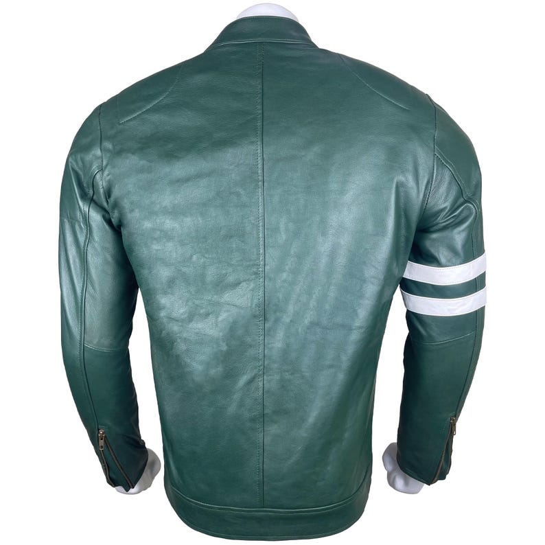 May include: A dark green leather jacket with white stripes on the sleeves.