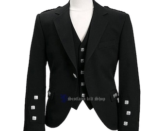 Men's Scottish Black Serge Wool Argyle Kilt Jacket With Vest - Handmade Argyll Wedding Kilt Jacket For Mens - Argyle Coat - Kilt Acessories