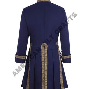 May include: A navy blue jacket with gold trim and a pleated skirt. The jacket has a high collar and long sleeves. The skirt is fitted at the waist and flares out at the hem.