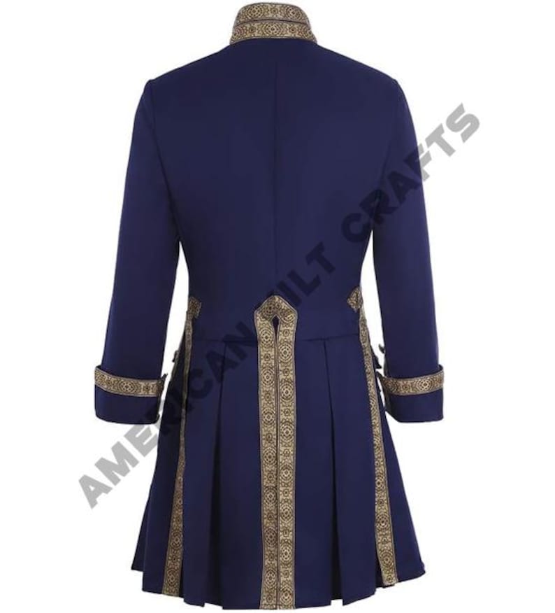 May include: A navy blue jacket with gold trim and a pleated skirt. The jacket has a high collar and long sleeves. The skirt is fitted at the waist and flares out at the hem.