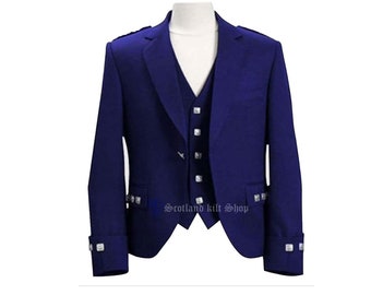Veste Kilt Argyle Bleue Faite à la Main Avec Gilet - Veste Kilt Mariage Blue Melton Wool Highland - Veste Kilt Pour Hommes - Poitrine 34 » à 54 Pouces