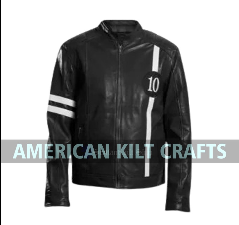 May include: Black leather jacket with white stripes on the sleeves and a white stripe down the front. The jacket has a number "10" on the front.