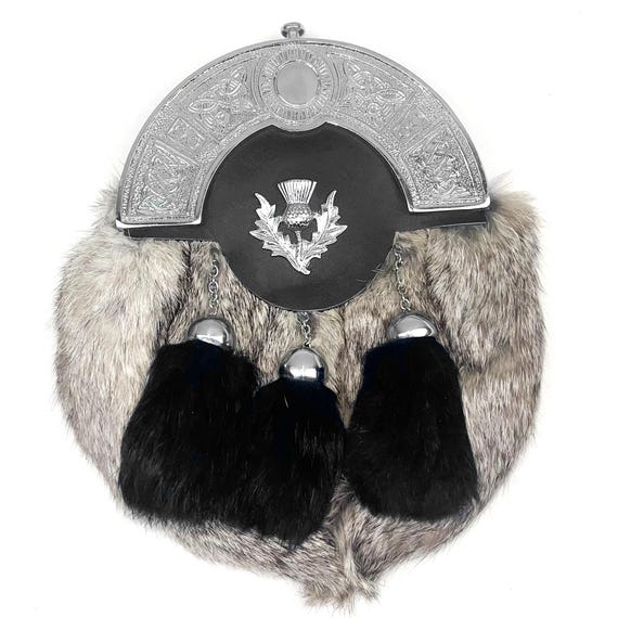 Scottish Full-Dress Sporran - Black Leather with Rabbit Fur & Silver Tassels - Stylish Kilt Accessory for Him, Great Gift Idea