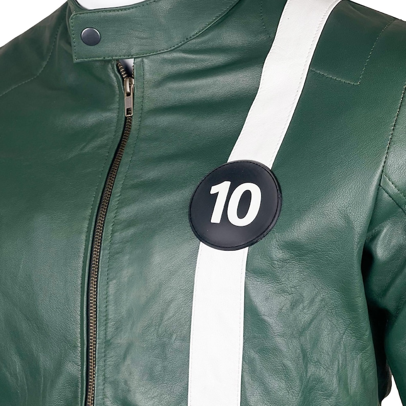 May include: A green leather jacket with a white stripe down the sleeve and a black circle with the number 10 on it.
