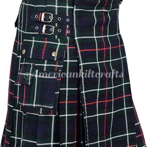 May include: A green, blue, red, and white plaid kilt with a large cargo pocket on the front. The kilt has a belt with buckles and is pleated.
