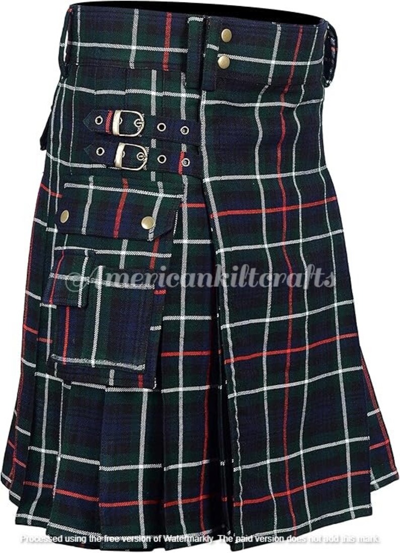 May include: A green, blue, red, and white plaid kilt with a large cargo pocket on the front. The kilt has a belt with buckles and is pleated.